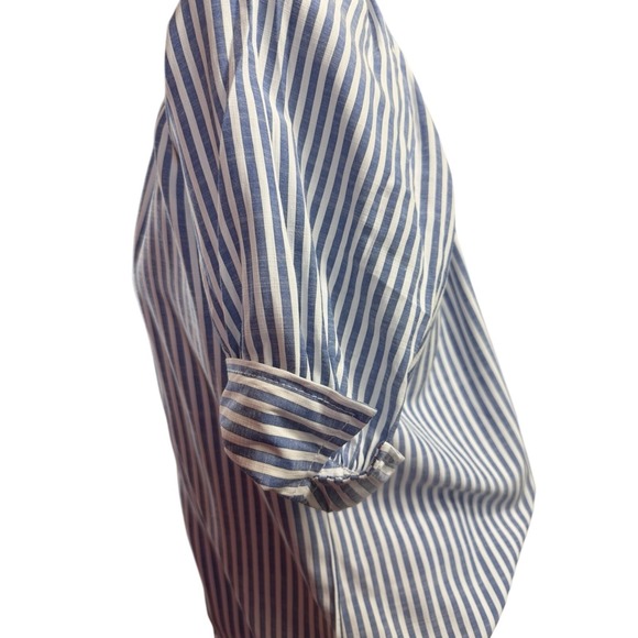 Max Studio Women's Size Small White & Blue Striped Cuffed Short Sleeve Shirt - Picture 6 of 11